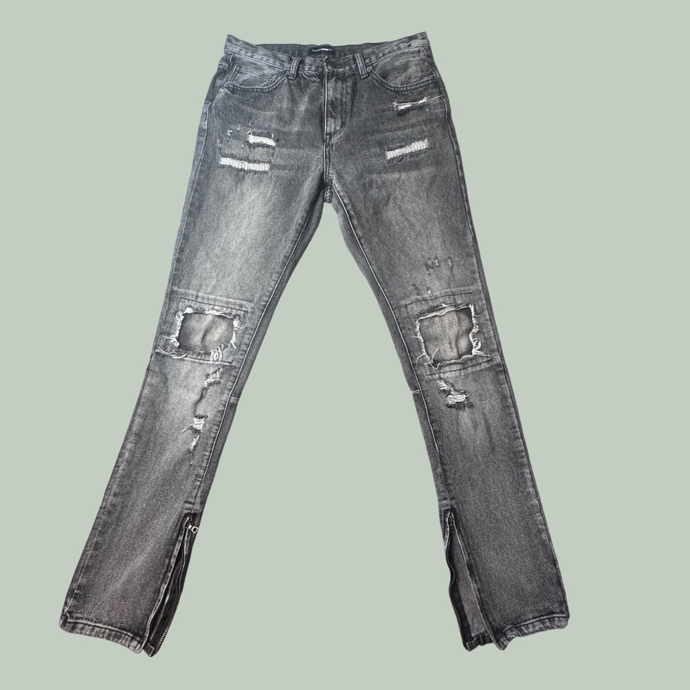Fashion Nova Men Jeans Mens 34 FNP0051 Black Wash Distressed Ankle Zip Slim